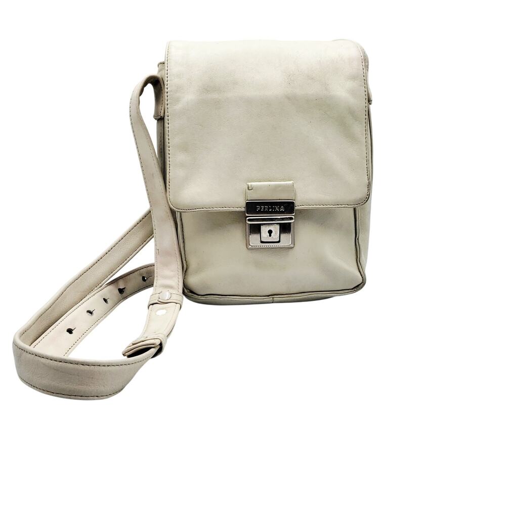 Vintage Perlina New York Off White Leather Pushlock Adjustable Crossbody Bag